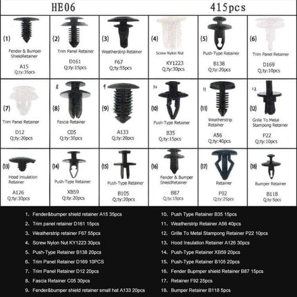 Car Retainer Clips Kit 415-Piece Assortment For Panel Trim plastic automotive trim clip assortment for panels bumpers fenders door trims