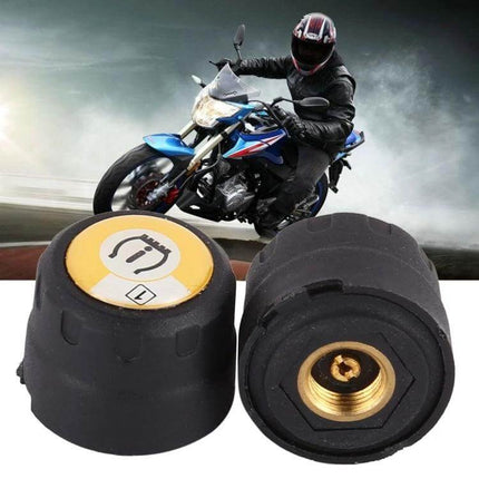 Bluetooth Tire Pressure Monitor for Motorcycles with App and Sensors - motorcycle TPMS sensors showing brass valve connectors and smartphone app monitoring