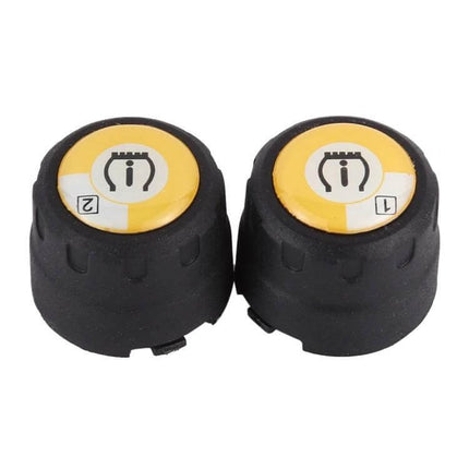 Bluetooth Tire Pressure Monitor for Motorcycles with App and Sensors - pair of black yellow wireless tire sensors