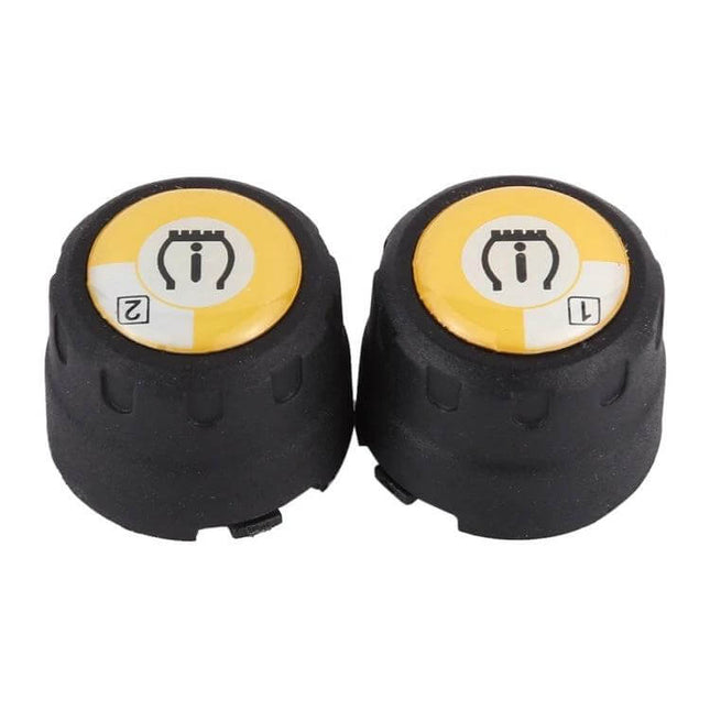 Bluetooth Tire Pressure Monitor for Motorcycles with App and Sensors - pair of black yellow wireless tire sensors