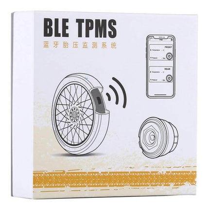Bluetooth Tire Pressure Monitor for Motorcycles with App and Sensors showing sensor, wheel and smartphone app on product box
