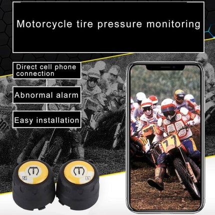 Bluetooth Tire Pressure Monitor for Motorcycles with App and Sensors showing sensors and smartphone app display