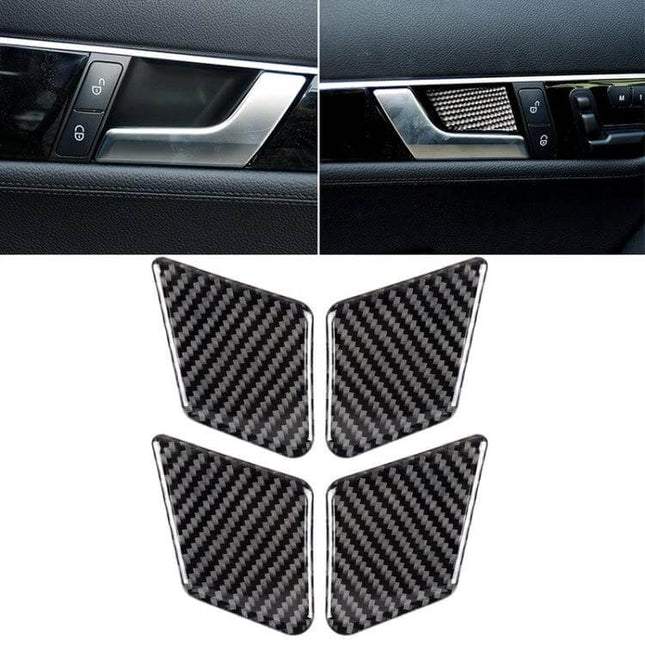 Carbon Fiber German Flag Car Door Decorative Sticker for Mercedes-Benz — carbon fiber door trim decals shown installed and as four-piece set