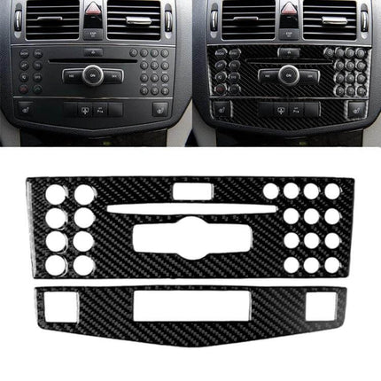 Mercedes-Benz C-Class Carbon Fiber Center Console Decorative Sticker shown installed and as carbon fiber decal set for interior upgrade