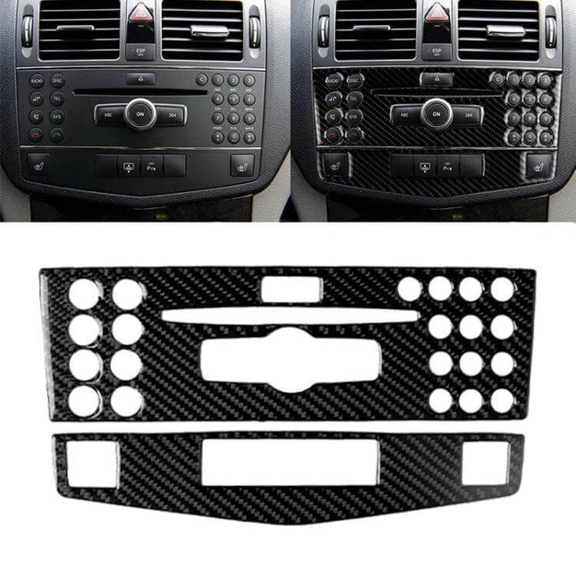 Mercedes-Benz C-Class Carbon Fiber Center Console Decorative Sticker shown installed and as carbon fiber decal set for interior upgrade