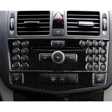 Mercedes-Benz C-Class Carbon Fiber Center Console Decorative Sticker installed on dashboard showing carbon fiber texture and control buttons