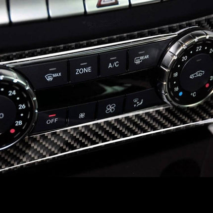 Carbon Fiber Decorative Sticker with German Flag for Mercedes C Class - close-up of carbon fiber dash trim near climate controls