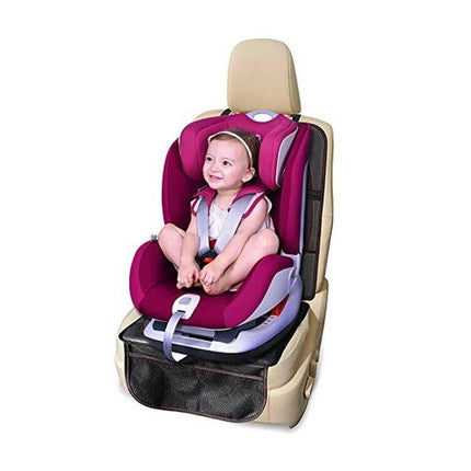 Comfortable Anti-Skid Children's Car Safety Seat Cushion placed under a pink child car seat to protect upholstery and prevent slipping, with storage pocket