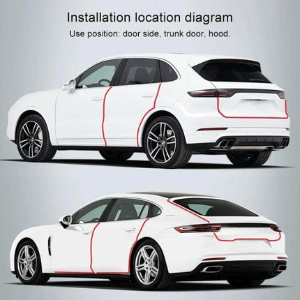Universal Car Door Anti-Collision Protection Strip, 5 Meters Long shown installed on white SUV and sedan highlighting door, trunk and hood protection