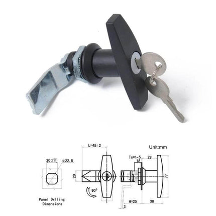 2 Pack Black T Shape Paddle Entry Door Latch With Keys For Trailers - black paddle latch with keys and technical drawing