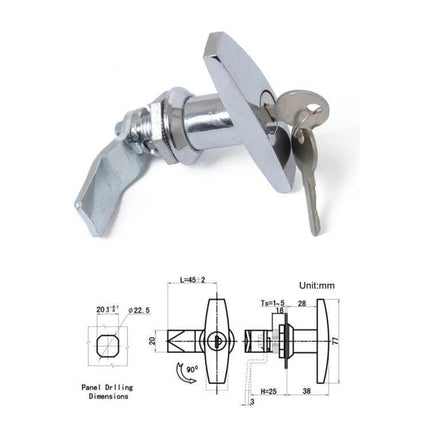 T Shape Handle Door Lock For Trailers Yachts Trucks With Keys - chrome zinc alloy cam lock with keys and technical drawing