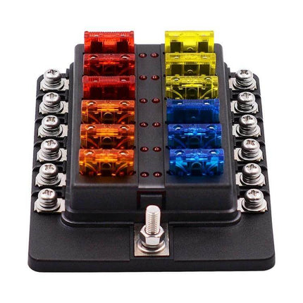 Fuse Box Screw Terminal Kit With LED Indicator For Auto And Marine Use - waterproof PBT body with nickel-plated terminals and multicolor fuses