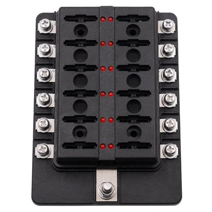 Fuse Box Screw Terminal Kit With LED Indicator For Auto And Marine Use - black PBT housing with waterproof cover and nickel-plated copper terminals