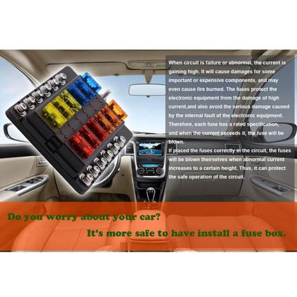 Fuse Box Screw Terminal Kit With LED Indicator For Auto And Marine Use mounted in car dashboard with colored blade fuses and waterproof cover