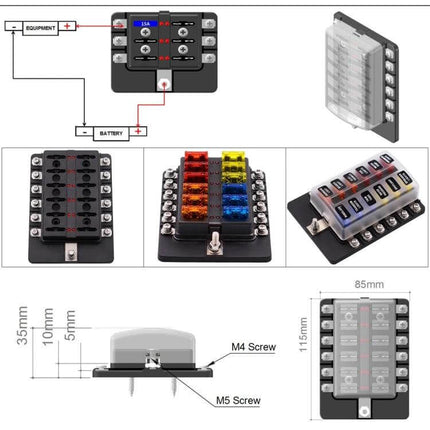 Fuse Box Screw Terminal Kit With LED Indicator For Auto And Marine Use showing fuse layout, waterproof cover, terminals and mounting dimensions