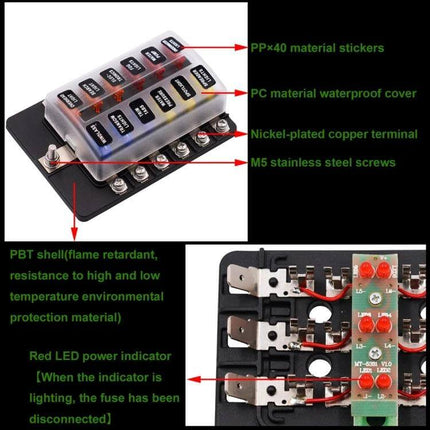 Fuse Box Screw Terminal Kit With LED Indicator For Auto And Marine Use - PBT body, PC waterproof cover, nickel-plated copper terminals, LED indicators