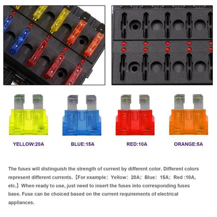 Fuse Box Screw Terminal Kit With LED Indicator For Auto And Marine Use showing colored blade fuses and LED indicators