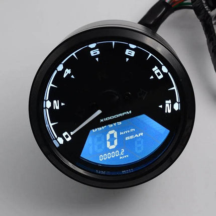 Digital LCD Gauge for Motorcycle Speed and Odometer showing illuminated speedometer, odometer and gear display with blue backlight, ABS housing