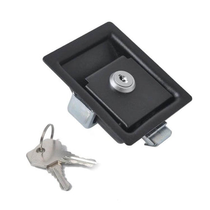 Black Paddle Entry Door Latch For Trailer, Yacht, Truck shown with keys - black textured zinc paddle latch for toolboxes and external compartments