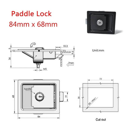 Black Paddle Entry Door Latch For Trailer, Yacht, Truck - black paddle lock with dimensions diagram and cut-out measurements