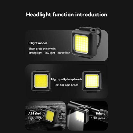 COB Lamp Beads Mini Mountain Bike Light Waterproof - compact waterproof COB LED bike headlight with strap mount, 3 modes, 150 lumens, ABS shell