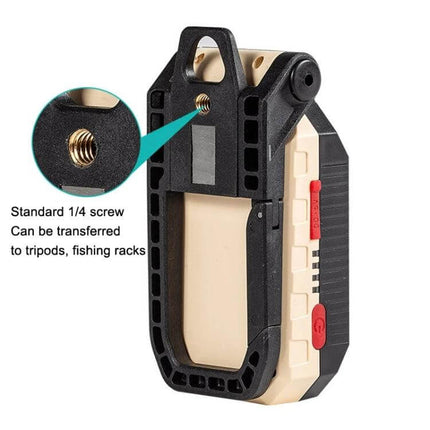 Alt Tag: COB Work Light USB Rechargeable For Home And Job Sites compact unit with magnetic tail, hook and 1/4" screw mount for tripods and racks