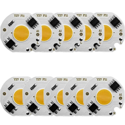 COB LED Light Chip for DIY Spotlight, Home Lighting Projects - row of white round mains-powered COB LED modules in multiple wattages (3W-10W)