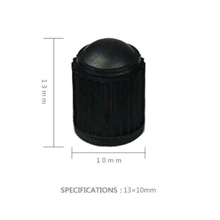Black Rubber Valve Caps for Car and Bicycle Tires, 200 Pack - close-up of single 13x10mm black rubber valve cap with dimensions shown