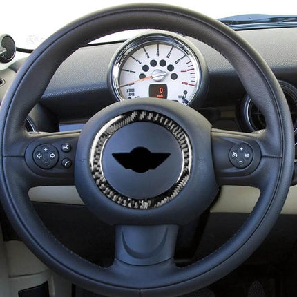 Carbon Fiber Decorative Sticker for BMW MINI Steering Wheel applied to black MINI steering wheel center for subtle interior upgrade