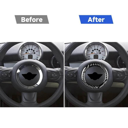 Carbon Fiber Decorative Sticker for BMW MINI Steering Wheel shown before and after application on steering wheel