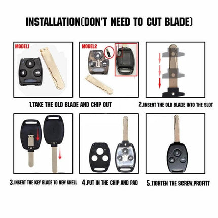 Replacement Key Case Shell for Honda 3+1 Button Car Keys - instructional diagram showing steps to transfer blade, chip, pads and assemble new shell