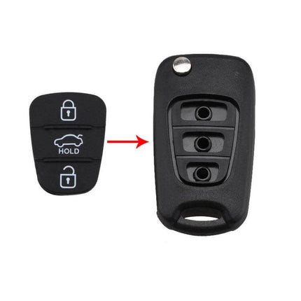 Hyundai Kia 3-Button Silicone Key Pad Replacement - black 3-button silicone pad next to compatible key fob showing easy swap for lock unlock trunk