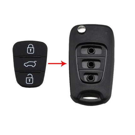 Hyundai Kia 3-Button Silicone Key Button Replacement Pad showing replacement pad next to key fob for DIY key button repair