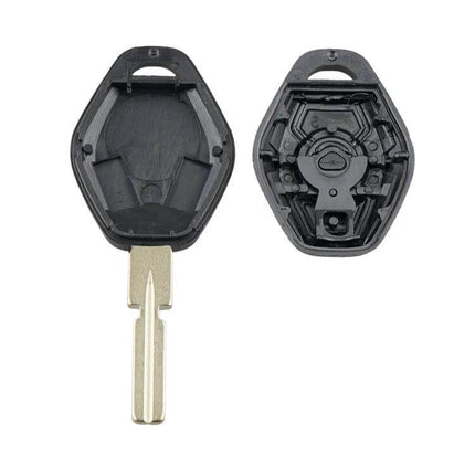 BMW Replacement Car Key Case for 1, 3, 5, 6, 7 Series and X Models - black replacement shell with key blade, open front and back views