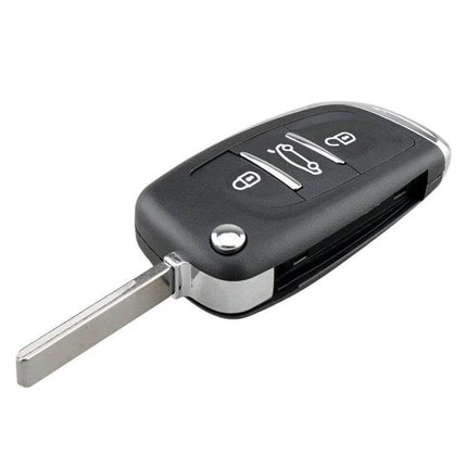 Peugeot 3-Button Replacement Car Key Case with Grooved Holder - black replacement shell showing fold-out key and three buttons