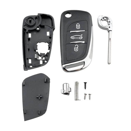 Peugeot 3-Button Replacement Car Key Case with Grooved Holder showing shell, buttons, key blade and internal components