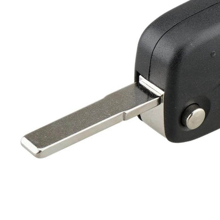 Black and Blue Fiat 3-Button Car Key Case Replacement with Side Battery Holder showing folding metal key blade and button