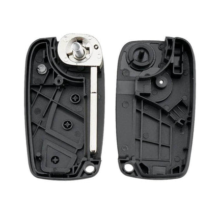 Black and Blue Fiat 3-Button Car Key Case Replacement with Side Battery Holder showing interior halves and key blade slot