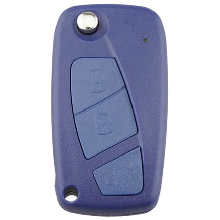 Black and Blue Fiat 3-Button Car Key Case Replacement with Side Battery Holder - close-up of blue key shell showing 3 buttons and side battery slot