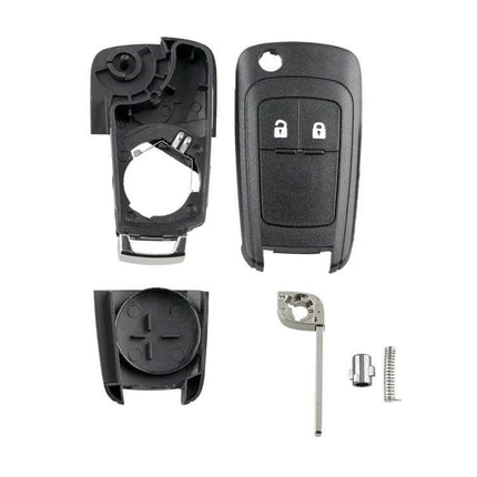 Opel Replacement Key Case with 2-Button Foldable Blade showing front and back shell, foldable blade and internal parts for easy swap