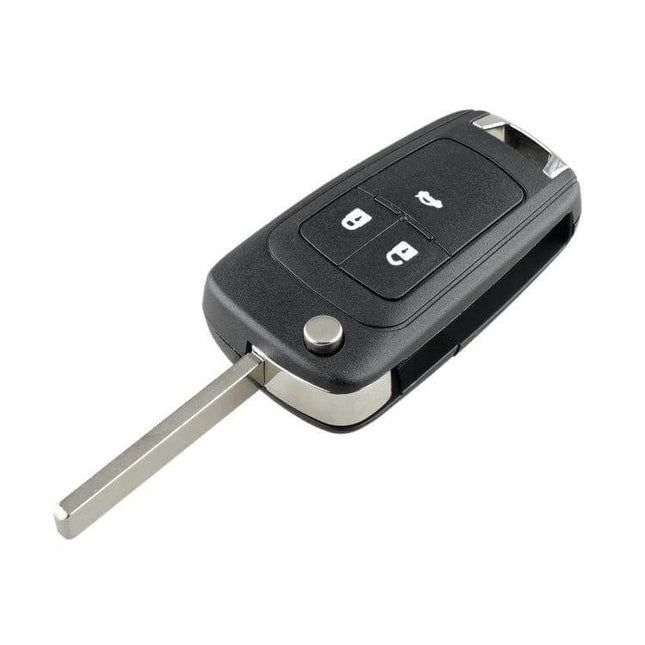 Replacement 3-Button Foldable Key Case for Opel Cars showing black flip key shell with three buttons and metal blade
