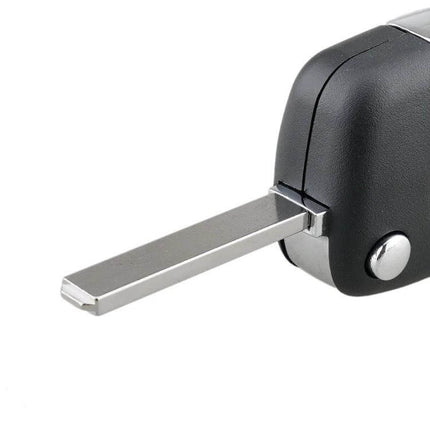 Peugeot 2-Button Replacement Car Key Case with Holder showing metal flip key blade and black two-button shell