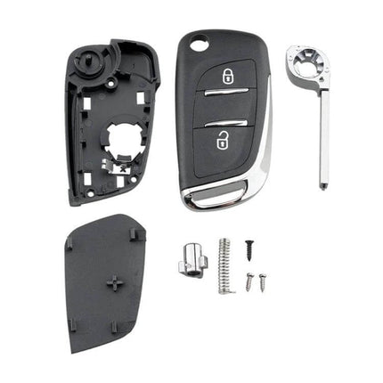 Peugeot 2-Button Replacement Car Key Case with Holder showing disassembled black shell, chrome key blade and internal components