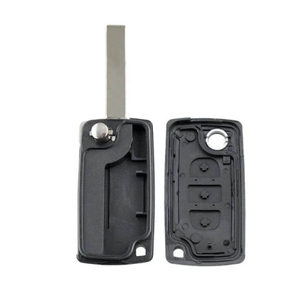 Peugeot 3-Button Replacement Car Key Case with Grooved Blade - black replacement housing and grooved blade open view