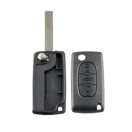 Peugeot 3-Button Replacement Car Key Case with Grooved Blade black replacement housing and blade, open and closed views