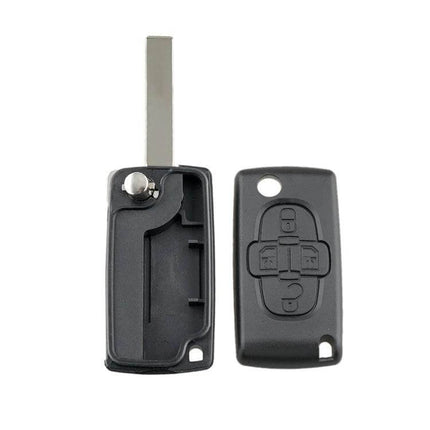 Replacement Key Case with 4 Buttons for Citroen C8 and Peugeot 1007 - black shell replacement showing front and back with key blade