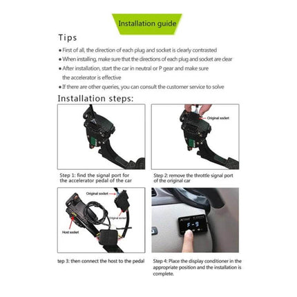 TROS Electronic Throttle Booster for BMW All Models Improves Response installation guide showing pedal harness, connector steps and LED display