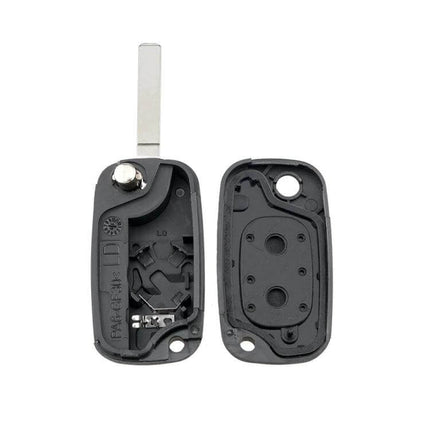 Foldable 2-Button Replacement Key Case for Renault Vehicles showing open black shell and blade ready for electronics transfer