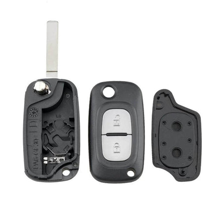 Foldable 2-Button Replacement Key Case for Renault Vehicles showing front, back, and internal shell for transferring electronics