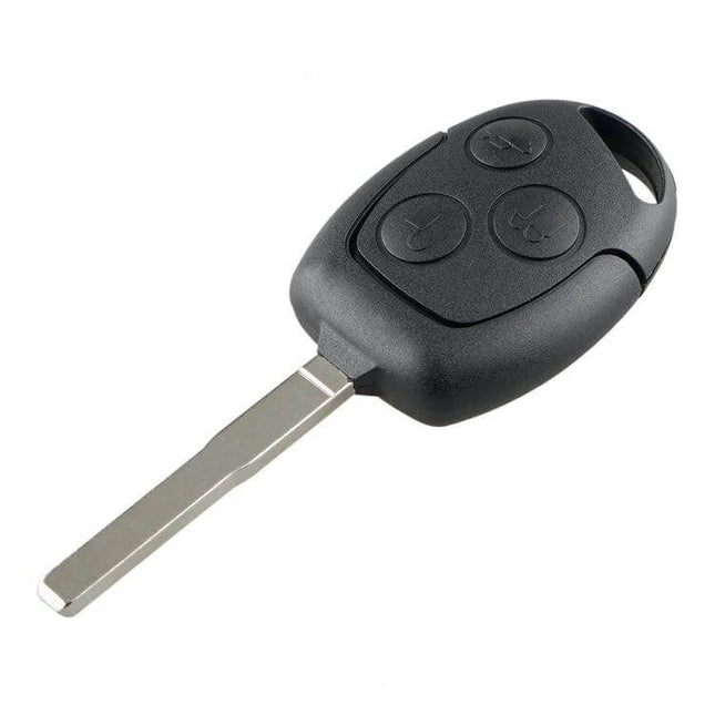 Ford Focus Compatible Oval Remote Key with Battery shown with three-button black fob and metal key blade
